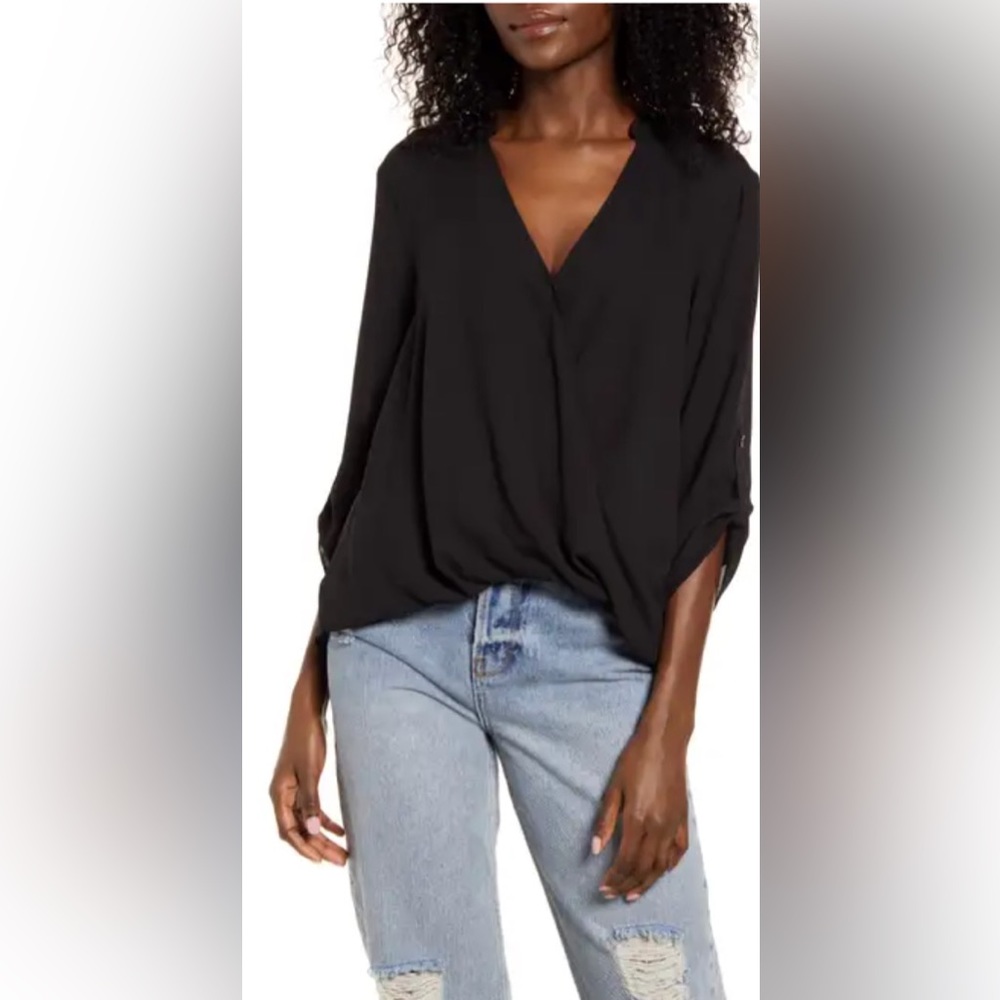 All In Favor Wrap Front Gathered Hem Top